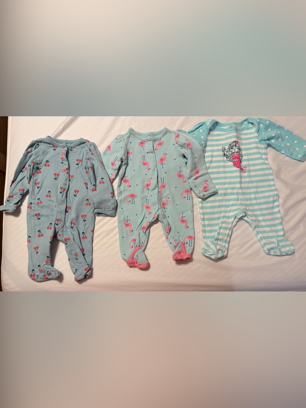 Mint Green Baby Footed One-Piece with Pink Flamingo, Cherry and Mermaid Prints
